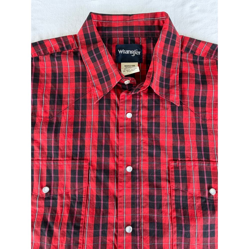 Wrangler Red Black Plaid Western Pearl Snap Shirt Mens XXL 100%Cotton Cowboycore